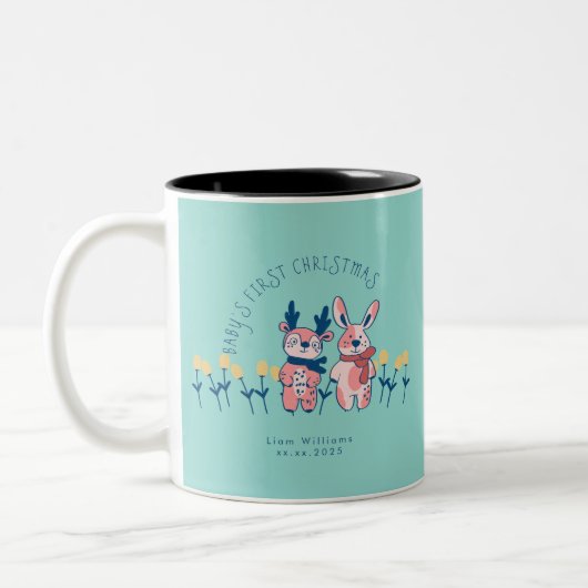 Baby’s First Christmas cute Reindeer Friends Tweekleurige Koffiemok (Links)