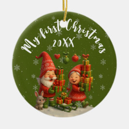 Baby’s First Christmas Green - Cute Holiday Gnomes Keramisch Ornament