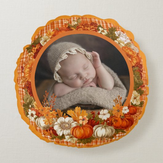 Baby’s First Thanksgiving Fall Floral Photo Rond Kussen (Voorkant)