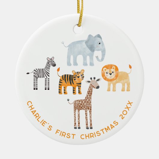 Baby Safari Animal Personalized Eerste Kerstdag Keramisch Ornament (Voorkant)