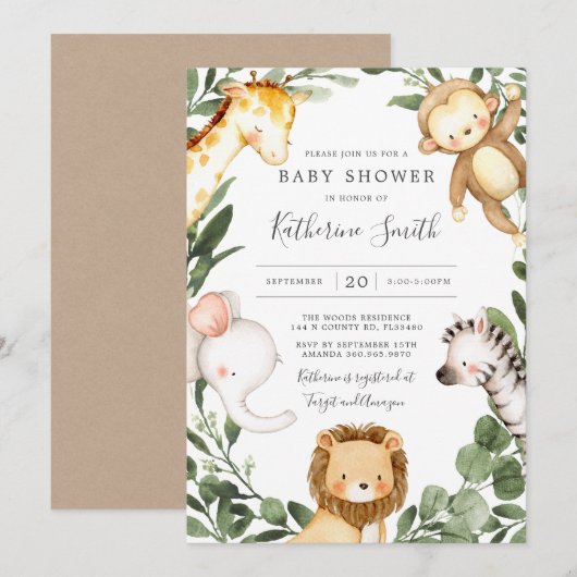 Baby Safari Animals Baby shower Uitnodiging (Voorkant / Achterkant)