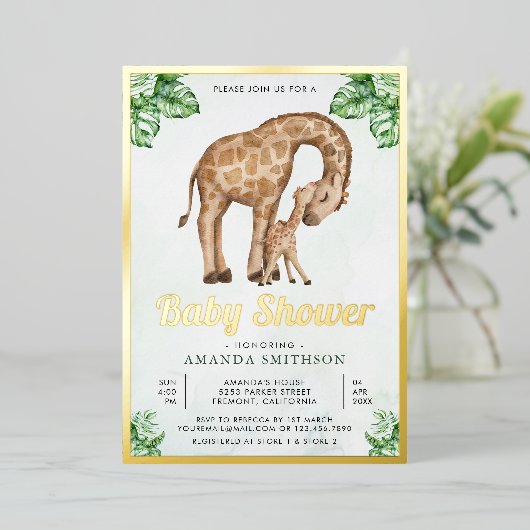 Baby Safari Baby shower Gold Folie Uitnodiging (Staand Voorkant)