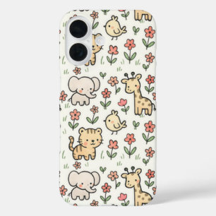 Baby Safari Dier met Doodle Flowers iPhone 16 Hoesje