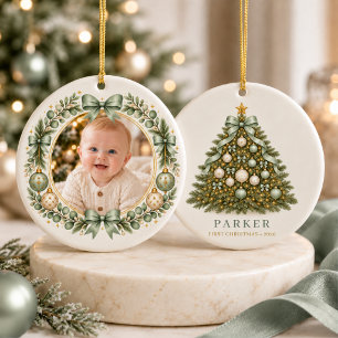 Baby Salie Groene Eerste Kerst Boog Foto Keramisch Ornament