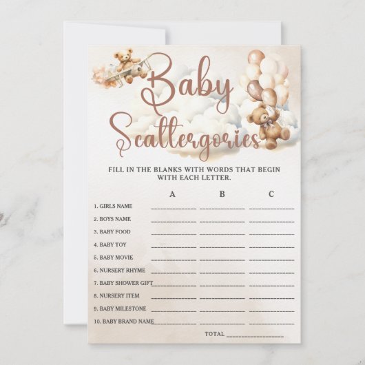 BABY SCATTERGORIES Baby shower Game Schattige Beer Kaart (Voorkant)