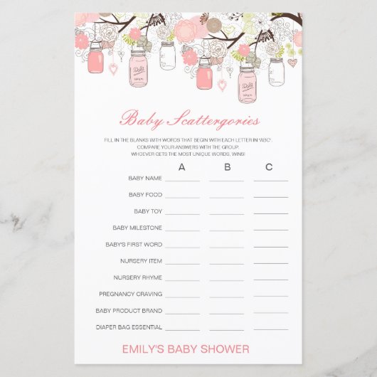 Baby Scattergories Baby Shower Spel PRINTED (Voorkant)