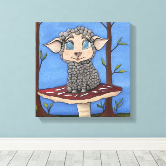 Baby Schaap op Paddenstoel Canvas Afdruk (Insitu (Houten vloer))