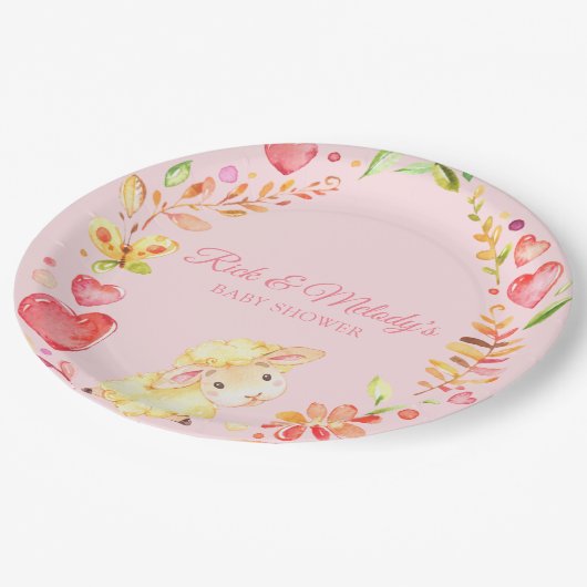 Baby Schapen/Lamb Roze en Geel Baby shower Papieren Bordje (Gekanteld)
