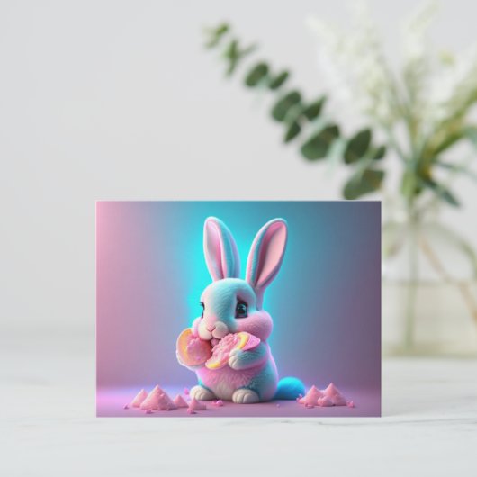 Baby, schattig, cartoon roze konijntje dat snoepje briefkaart (Staand voorkant)
