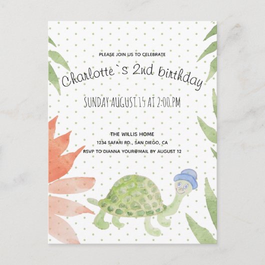 Baby schildpad Waterverf met handbeschilderd Aankondigingskaart (Voorkant)