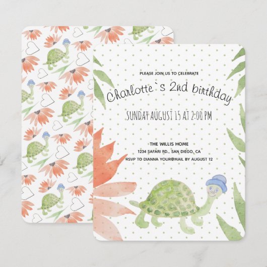 Baby schildpad Waterverf met handbeschilderd Save The Date (Voorkant / Achterkant)