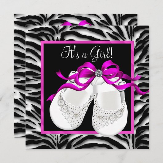 Baby Schoenen Heet Roze Zebra Baby Meisje Douche Kaart (Voorkant / Achterkant)