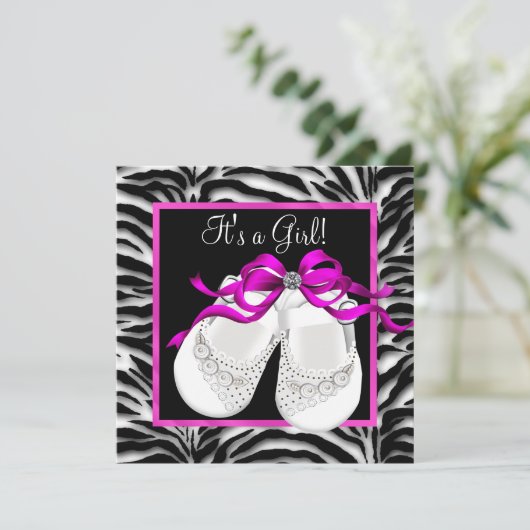Baby Schoenen Heet Roze Zebra Baby Meisje Douche Kaart (Staand voorkant)