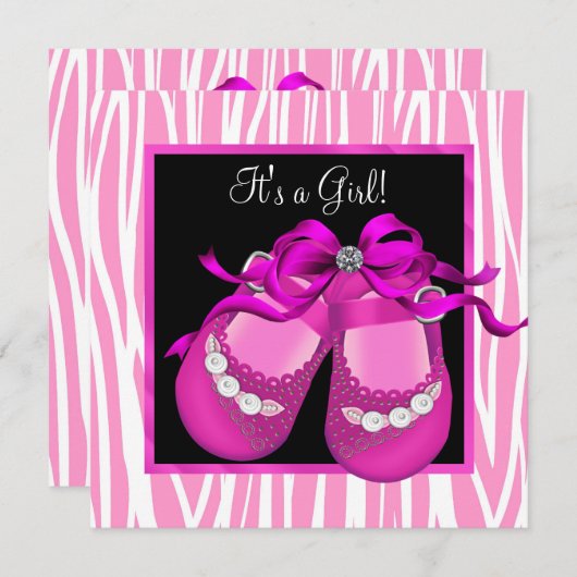 Baby Schoenen Heet Roze Zebra Baby Meisje Douche Kaart (Voorkant / Achterkant)