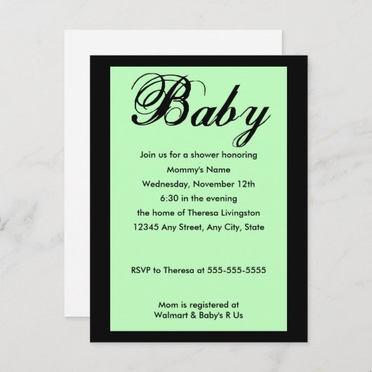 Baby Script Baby shower Invitation Green Uitnodiging Briefkaart (Voorkant / Achterkant)