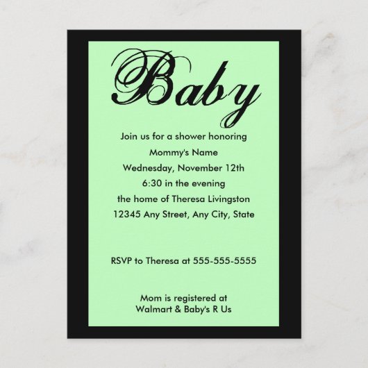 Baby Script Baby shower Invitation Green Uitnodiging Briefkaart (Voorkant)