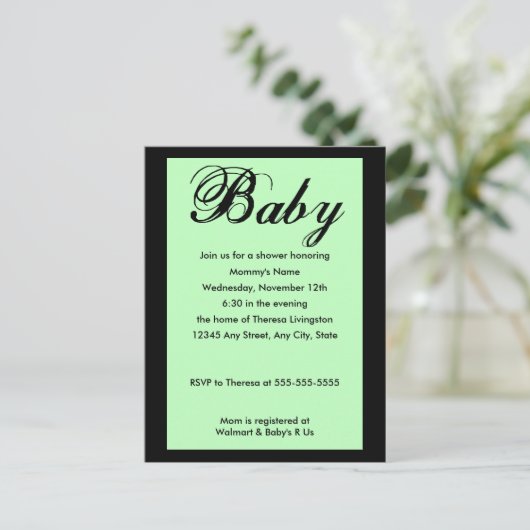Baby Script Baby shower Invitation Green Uitnodiging Briefkaart (Staand voorkant)