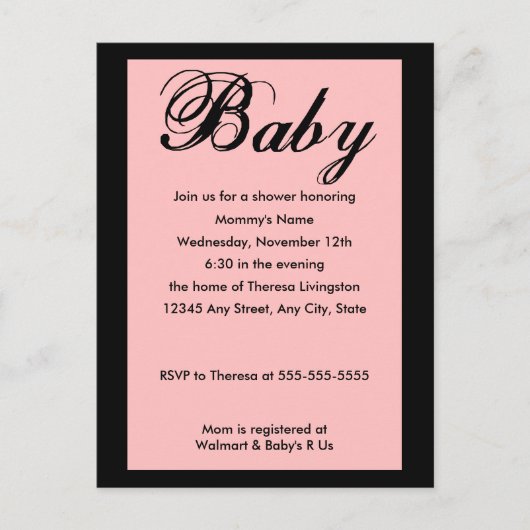 Baby Script Baby shower Invitation Pink Uitnodiging Briefkaart (Voorkant)