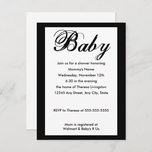 Baby Script Baby shower Invitation White Uitnodiging Briefkaart (Voorkant / Achterkant)