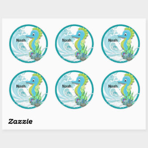 Baby Seahorse   Blue Personalised Round Sticker