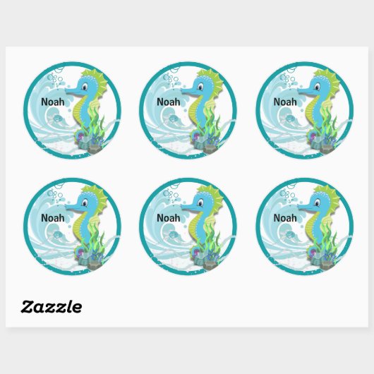 Baby Seahorse | Blue Personalised Round Sticker (Vel)