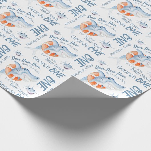 Baby Shark 1e verjaardag aangepaste waterverf kuns Cadeaupapier (Hoek)