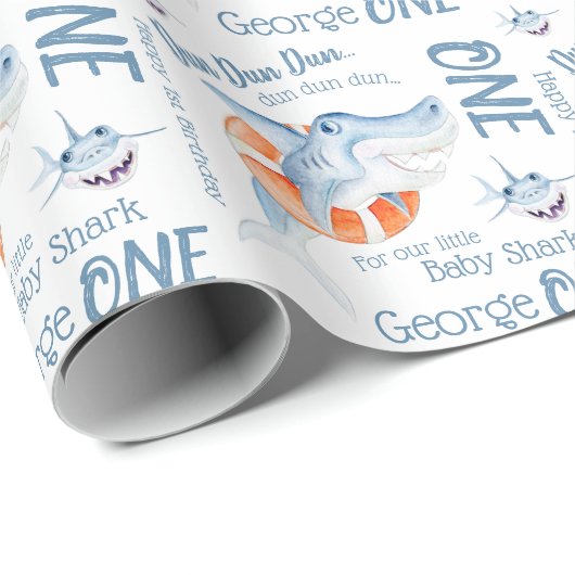 Baby Shark 1e verjaardag aangepaste waterverf kuns Cadeaupapier (Rol Hoek)