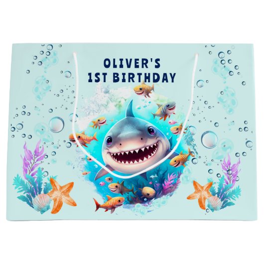 Baby Shark Boy 1e Verjaardag Grote Gift Bag Groot Cadeauzakje (Voorkant)
