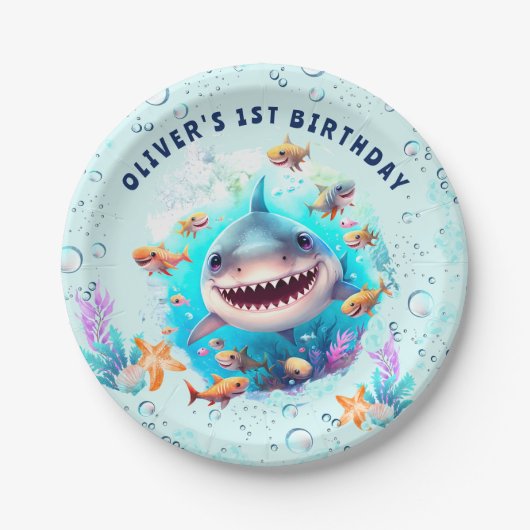 Baby Shark Boy First Birthday Party Papieren Bordje (Voorkant)