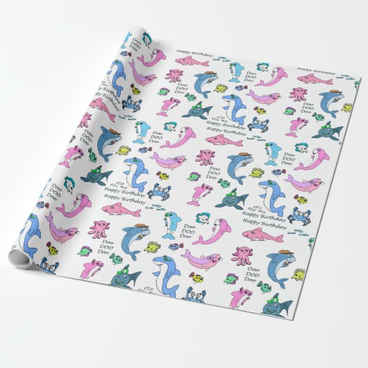 Baby Shark Family Doo Happy Birthday Cadeaupapier (Uitgerold)