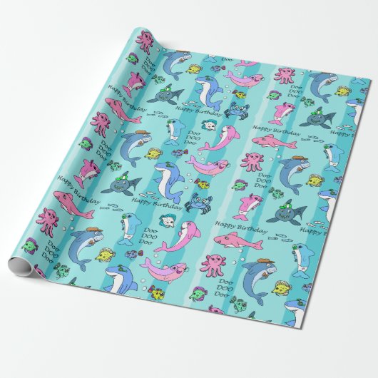 Baby Shark Family Doo Happy Birthday Cadeaupapier (Uitgerold)
