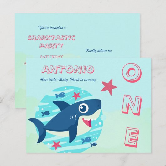 Baby Shark First Birthday schattig onder het zee b Uitnodiging Briefkaart (Voorkant / Achterkant)