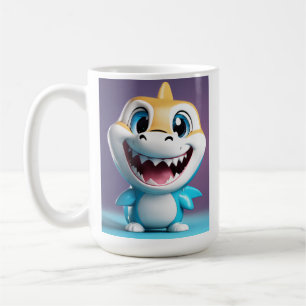 baby shark, mascotte 3D, full body, vrolijke lach, Koffiemok