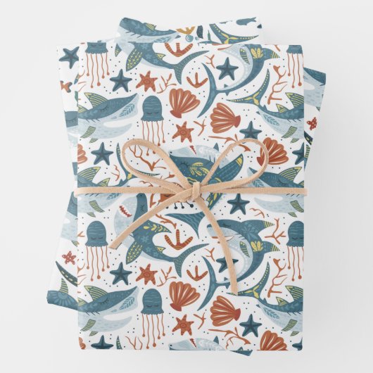 Baby Shark Pattern Wrapping Papiervellen Set van 3 Inpakpapier Vel (In situ)