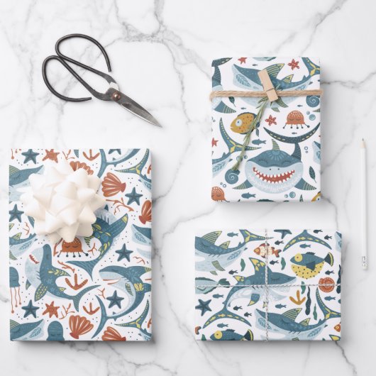 Baby Shark Pattern Wrapping Papiervellen Set van 3 Inpakpapier Vel (Voorkant)