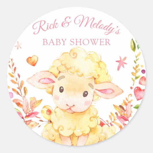 Baby Sheep / Lamb Roze Meisje Baby shower Ronde Sticker (Voorkant)
