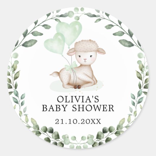 Baby Sheep Little Lamb Greenery Eucalyptus Shower Ronde Sticker (Voorkant)