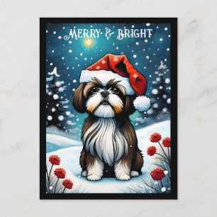 Baby Shih Tzu Snowy Meadow Santa Dog Christmas Briefkaart