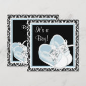 Baby Shoes Zwart en Blauw Damask Baby Boy Shower Kaart (Voorkant / Achterkant)