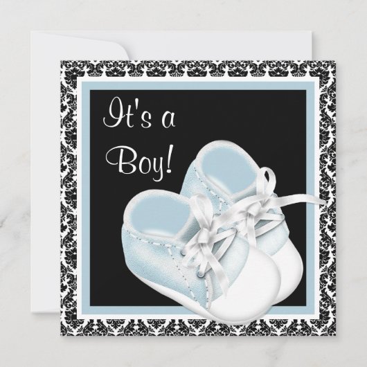 Baby Shoes Zwart en Blauw Damask Baby Boy Shower Kaart (Voorkant)
