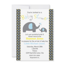 Baby Shower 2 Olifanten Blauwe Stippen Uitnodiging