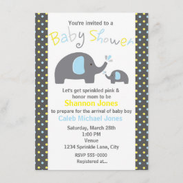 Baby Shower 2 Olifanten Blauwe Stippen Uitnodiging