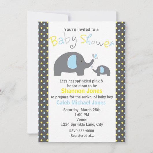 Baby shower 2 Olifanten Blue Polka Dot Invitation Kaart (Voorkant)