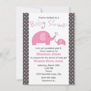 Baby shower 2 Roze olifanten Polka Dot Uitnodiging
