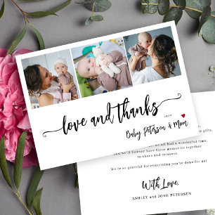 Baby shower 3 foto collage elegante script bedankkaart
