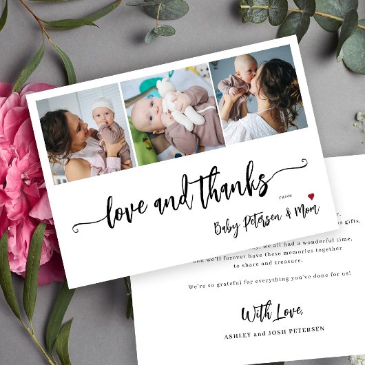 Baby shower 3 foto collage elegante script  bedankkaart
