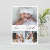 Baby shower 3 foto collage liefde en dank script bedankkaart (Staand voorkant)