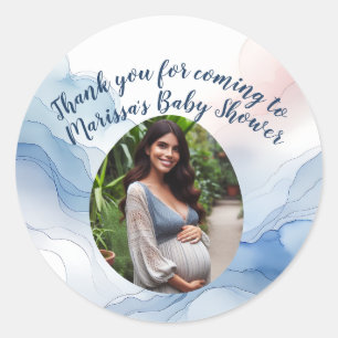 Baby shower Aangepaste Foto Blauwe Waterverf Dank Ronde Sticker