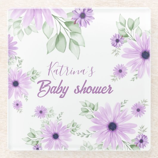 Baby shower Aangepaste Violet Waterverf Flowers Glazen Onderzetter (Voorkant)