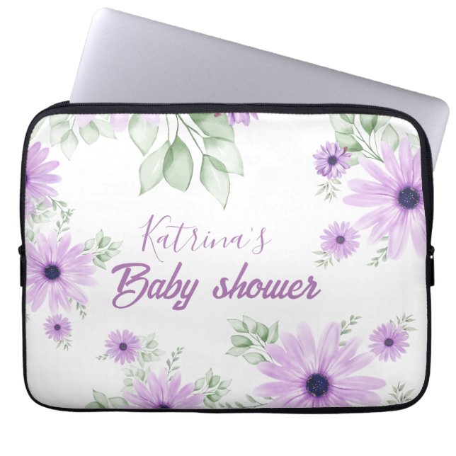 Baby shower Aangepaste Violet Waterverf Flowers Laptop Sleeve (Voorkant)